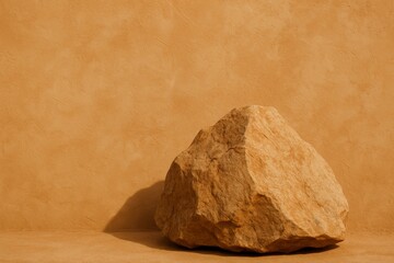 Poster - Large, textured desert rock sits on a sandy surface, casting a dramatic shadow against a matching textured wall, creating a minimalist, earthy scene