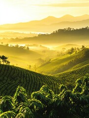 Aufkleber - Breathtaking panoramic view of lush green coffee plantations at dawn with mist and golden sunlight illuminating rolling hills