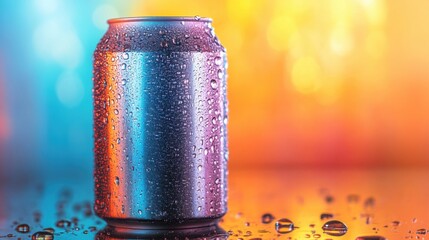 Poster - Classic soda can covered in condensation stands out against a vibrant colorful background with reflections and high contrast on a warm summer day