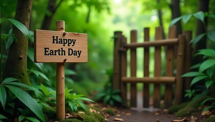 Fototapete - Happy Earth Day on wooden signpost on a natural bamboo on jungle gate with jungle background created with generative ai.