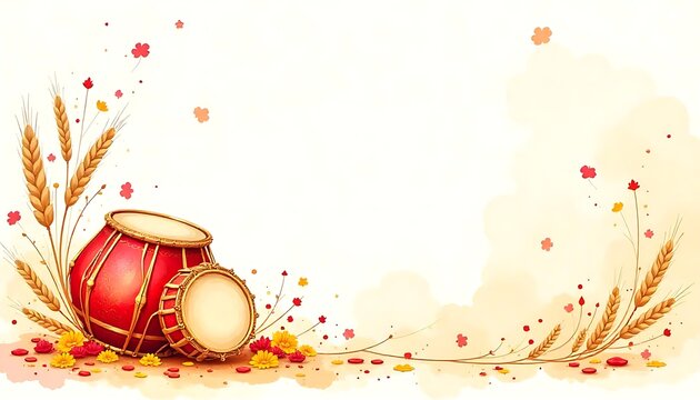 Happy baisakhi watercolor card illustration with dhol and wheats, Vibrant Festive Design for Celebrations, Cultural Heritage, and Agricultural Festivals, indian festival, created with generative ai