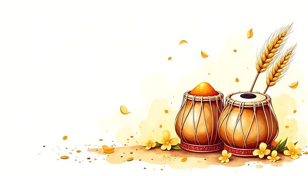 Happy baisakhi watercolor card illustration with dhol and wheats, Vibrant Festive Design for Celebrations, Cultural Heritage, and Agricultural Festivals, indian festival, created with generative ai