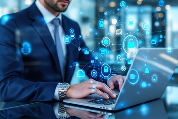 Poster - Business professional using laptop with cyber security icons on digital background.