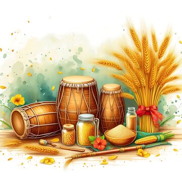 Happy baisakhi watercolor card illustration with dhol and wheats, Vibrant Festive Design for Celebrations, Cultural Heritage, and Agricultural Festivals, indian festival, created with generative ai