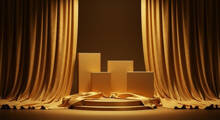 Poster - Golden product display with podium and draped fabric backdrop for presentation
