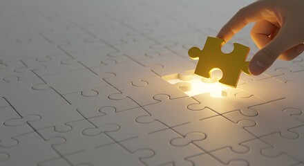 Aufkleber - Hand placing golden jigsaw puzzle piece into white puzzle for solution concept