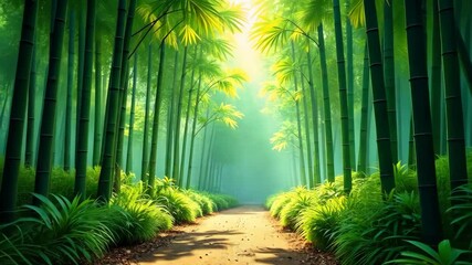 Poster - Tranquil Path Through a Misty Bamboo Forest at Dawn