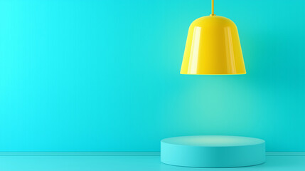 Poster - Yellow lamp illuminating empty blue podium in minimalist room
