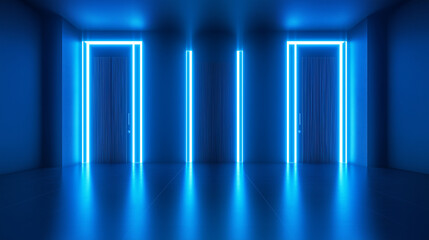 Poster - Three doors with blue neon lights illuminating dark room