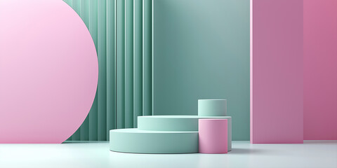 Poster - Pink and green pastel colors empty podium displaying products