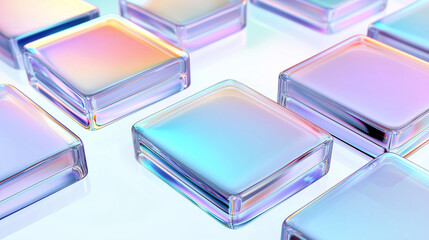 Poster - Iridescent glass cubes creating a colorful pattern on reflective surface