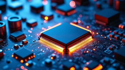 Poster - Close-Up View of a Modern Microchip and Circuit Board with Glowing Connections and Intricate Details for Technology Backgrounds
