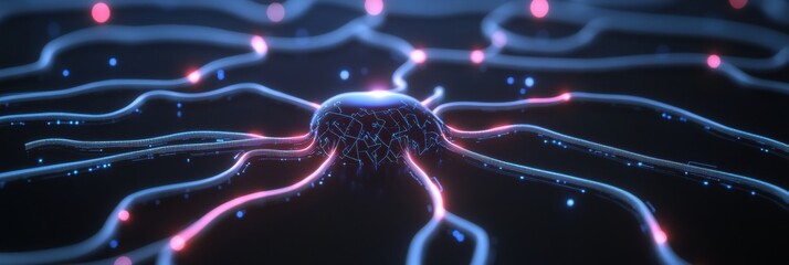 Leinwandbilder - Futuristic digital backdrop showcasing glowing neural connections and deep blue circuit patterns in a modern technology landscape
