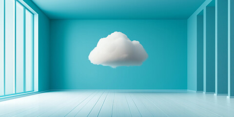 Poster - White cloud floating in minimalist blue room with wooden floor