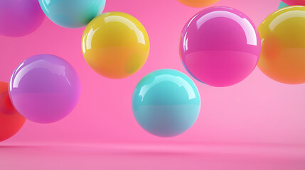 Fototapete - Colorful spheres floating on pink background: minimalist abstract composition