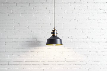 Poster - Industrial black pendant light hanging against white brick background.