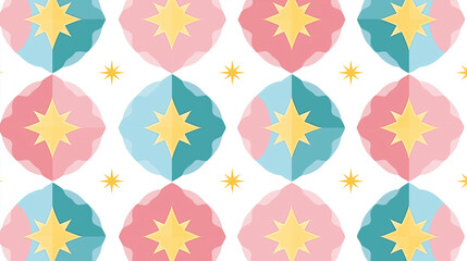 Leinwandbilder - Seamless pattern featuring pink and turquoise ornate shapes with gold eight-pointed stars