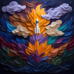 Aufkleber - Artistic paper cut illustration of a rocket launch with colorful layered flames and clouds against a dark blue background