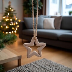 Poster - A star-shaped Christmas ornament hangs in front of a blurred cozy living room with a Christmas tree. The scene shows a warm, festive atmosphere