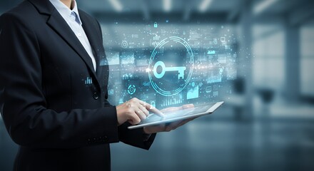 Poster - Businesswoman accessing key with tablet for data security and unlock system