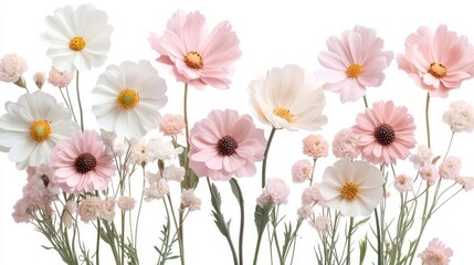 Aufkleber - Assortment of cosmos flowers in varying shades of white and pink with yellow centers and delicate greenery against a white background. Soft lighting highlights the floral arrangement