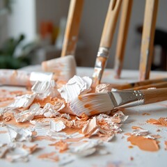 Aufkleber - Close up view of artist tools including paint brushes and palettes and dried paint on white canvas with natural light