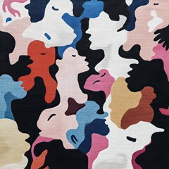 Poster - Abstract artwork of diverse human faces in profile featuring various vibrant colors on a dark background. The faces are intricately designed with textural details
