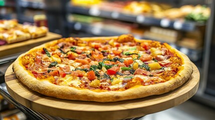 Poster - Freshly baked large pizza with vibrant toppings displayed in modern grocery store setting on wooden tray