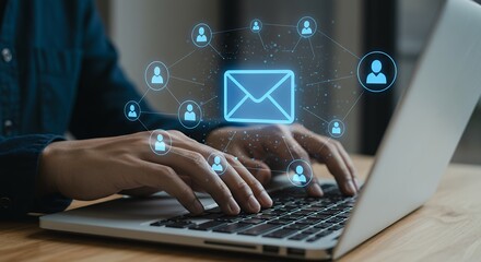 Poster - Man Typing Email on Laptop Connecting with Social Network Communication