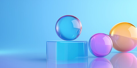 Poster - Colorful glass spheres and cube creating abstract composition on blue background