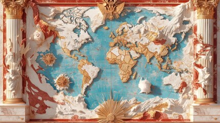 Poster - Decorative three-dimensional world map sculpture with gold highlights blue oceans and red accents framed by ornate architectural elements
