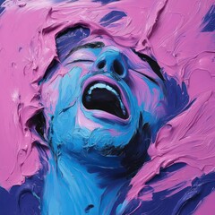 Poster - Close-up of face covered in vibrant textured blue and pink paint with open mouth and closed eyes creating emotional and expressive art