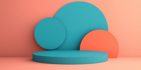 Poster - Teal podium with colorful circles creating modern showroom