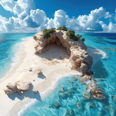 Poster - Seashore island with a natural rock arch white sand and turquoise sea under a sunny sky with fluffy clouds. Serene landscape captured in a high angle view