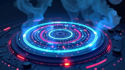 Leinwandbilder - Futuristic circular interface with glowing neon lights and digital smoke effect