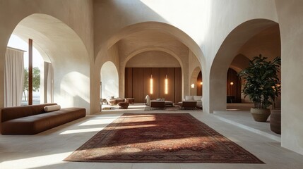 Poster - Grand interior space with arched ceilings and a patterned rug natural light illuminates the textured walls and furniture including sofas and plants