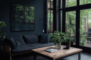 Poster - Cozy indoor scene featuring dark walls, a wooden sofa, and a coffee table with decorative items. Large windows offer a view of lush green trees and natural light
