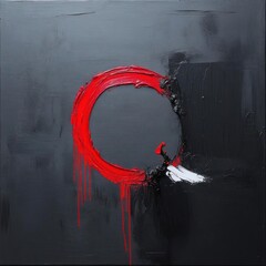 Poster - Abstract artwork on a black textured surface featuring a bold red circle with paint drips and a white brushstroke. High contrast and modern artistic expression