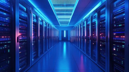 Poster - neon-lit server room, glimpse into the digital core