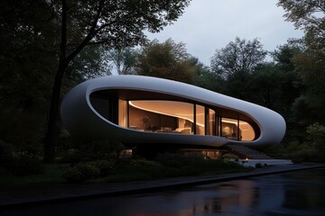 Poster - Futuristic white pod house exterior nestled among dense green trees at dusk reflecting the warm interior light onto the ground creating a calm and serene atmosphere