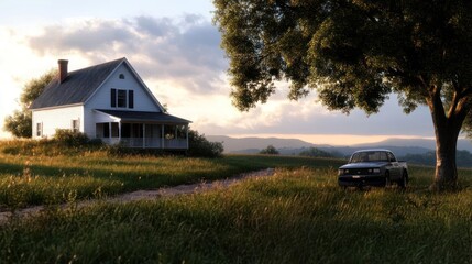 Aufkleber - Idyllic countryside scene with a white house and a parked car. The image captures a serene meadow bathed in warm sunlight. A large tree frames the right side
