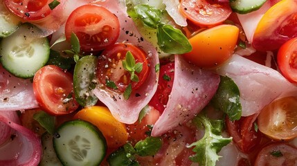 Poster - Close up of mixed salad with tomatoes cucumbers basil and ham slices seasoning with pepper in vibrant colors fresh and healthy ingredients