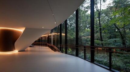 Poster - Modern Architectural Corridor With Glass Wall Overlooking Lush Green Trees With Warm Lighting
