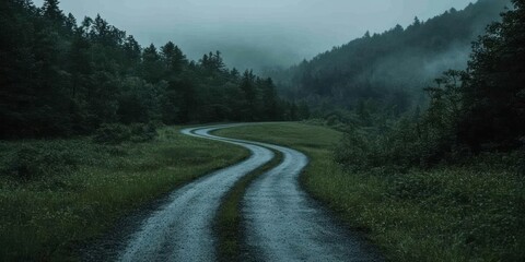 Poster - A winding rural road through lush green foliage with a backdrop of mist-covered hills captured in a moody overcast atmosphere