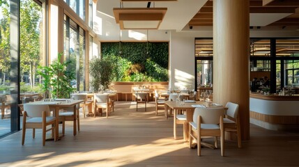 Aufkleber - Modern restaurant interior with natural light wooden tables and chairs and green wall with plants. It's a sunny day. This restaurant offers a calming atmosphere