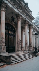 Poster - Ornate architecture building facade with detailed carvings tall marble columns a grand entrance and external staircase with a vintage street lamp