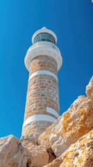 Aufkleber - A stone lighthouse against a bright blue sky with rough rocks in the foreground during daytime