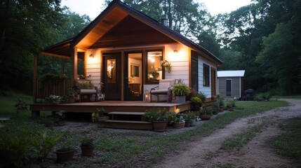 Poster - Cozy cabin exterior at dusk with warm interior lights plants and gravel path surrounded by lush greenery creating a tranquil and inviting atmosphere