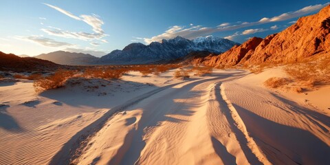 Aufkleber - Desert landscape with sandy terrain tire tracks dry brush and rocky mountains under a clear blue sky