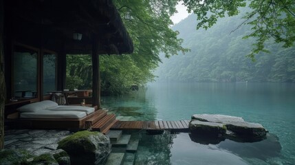 Poster - Lakeside wooden cabin with overwater deck surrounded by lush green foliage with clear turquoise water on a misty day